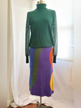 Retro 70s abstract geometric color-block knit midi skirt